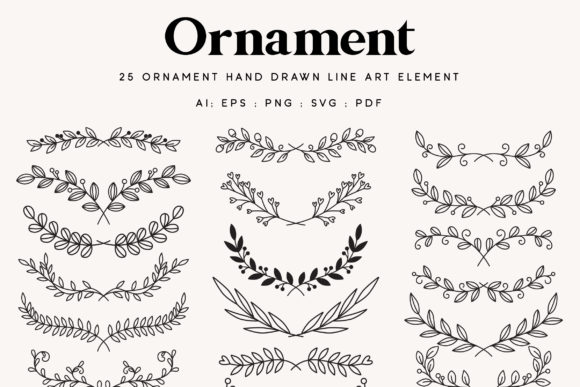 Download 25 Leaf Ornament Wedding Lineart Element - Premium Bundle
